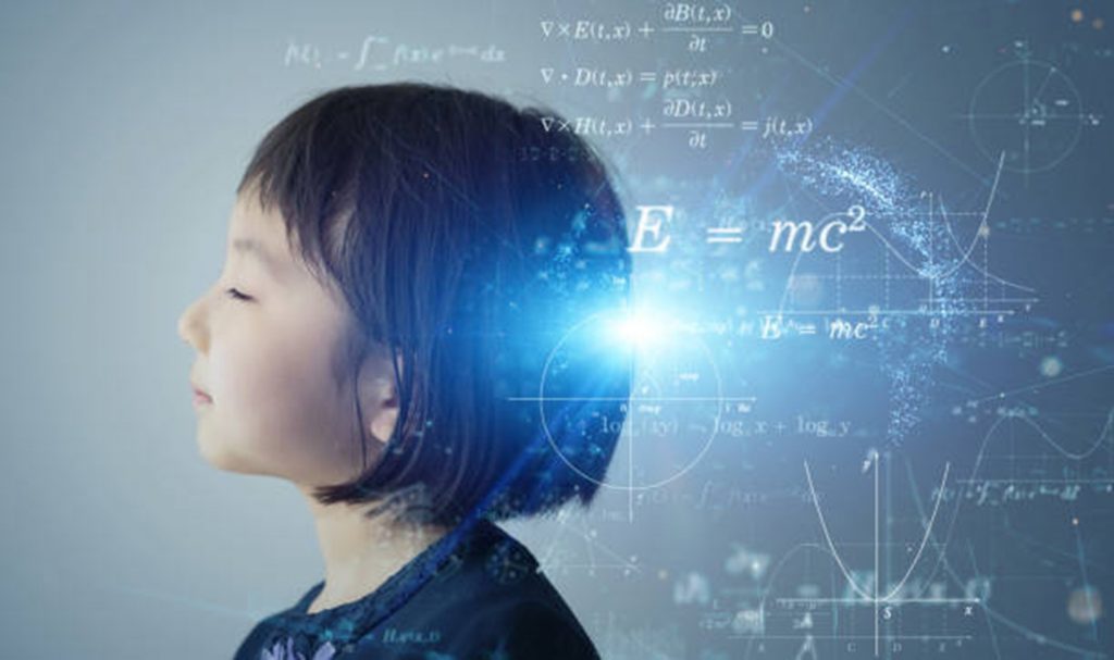 A young girl thinking about mathematical equations, with glowing formulas around her