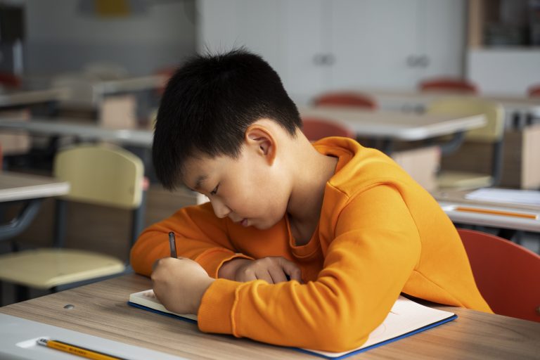 Young boy studying in classroom