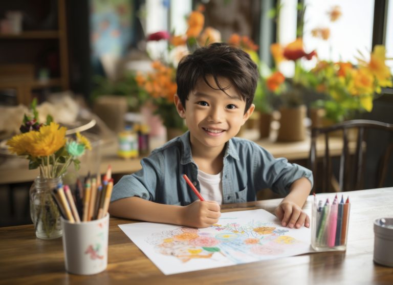 Smiling young student drawing with colored pencils