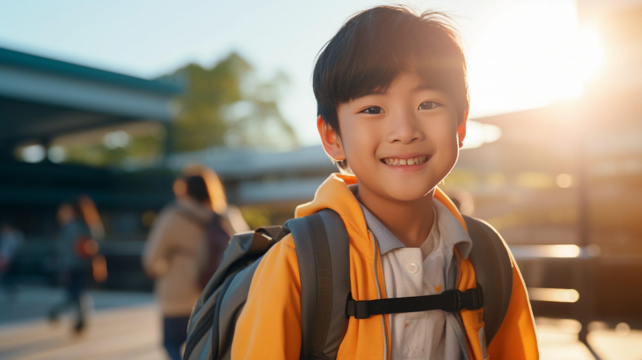 Young Asian boy wearing a yellow jacket and backpack smiling outside in the sunlight