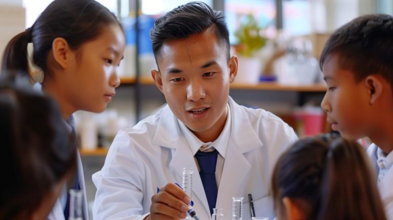Science teacher teaching in laboratory