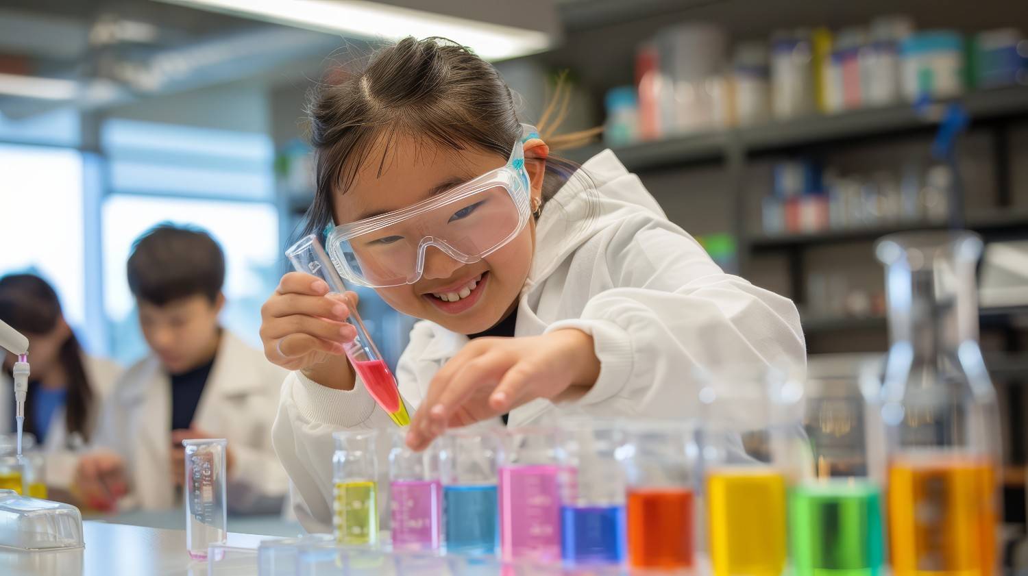 Smiling girl wearing safety goggles conducting colourful science experiment