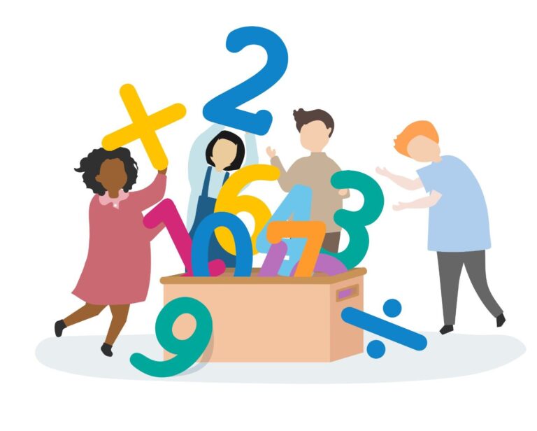 Illustration of children playing with colourful numbers and Math symbols