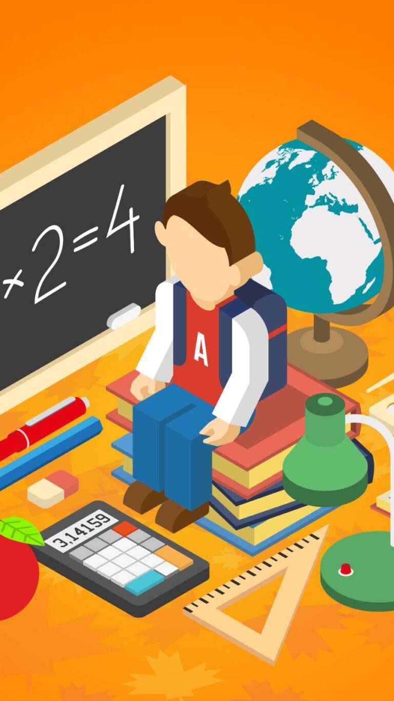 Education illustration with student, maths chalkboard, books and school supplies