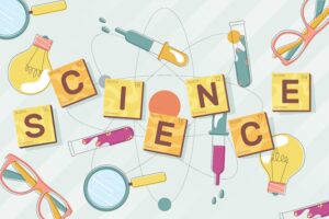 Science-themed illustration with letters spelling science and lab icons