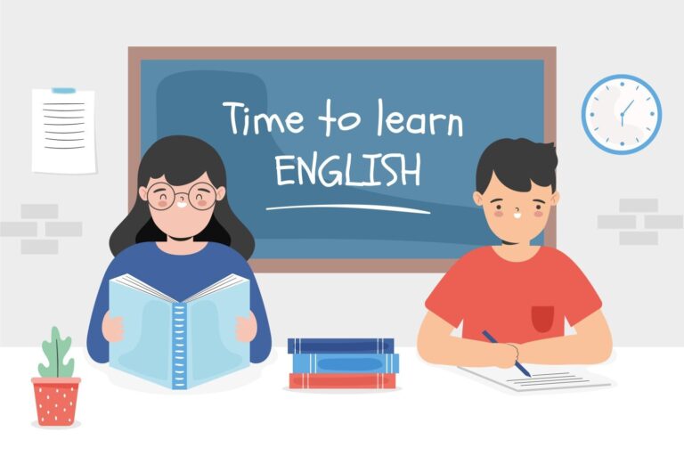 Illustration of students learning English in a classroom