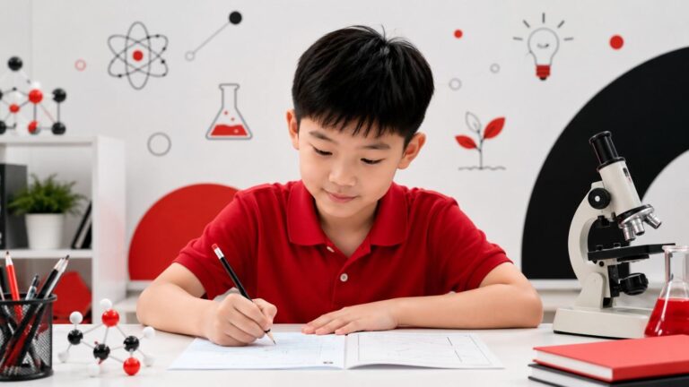 Boy writing in an open notebook beside molecular models, a microscope, and a flask of red liquid, exploring Science concepts