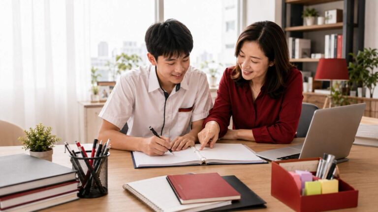 Mother helping her secondary school son with homework at a desk, guiding him as he writes in a notebook