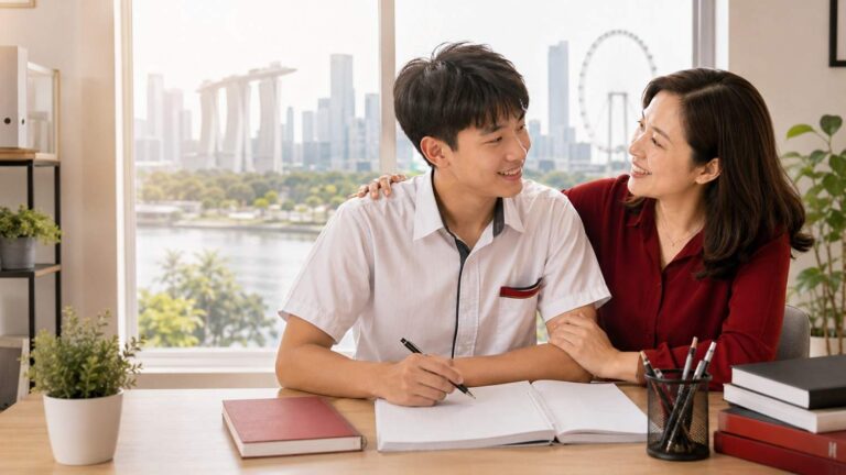 Smiling mother with her hand on her son's shoulder as he studies by a window overlooking the Singapore skyline