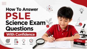 Boy in a red polo shirt writing answers on a Science exam paper at a desk with a microscope, magnifying glass, and stacked PSLE Science books