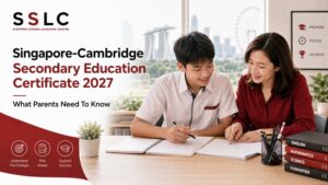 SSLC banner showing a mother guiding her secondary school son through notes, promoting the new Singapore-Cambridge Secondary Education Certificate