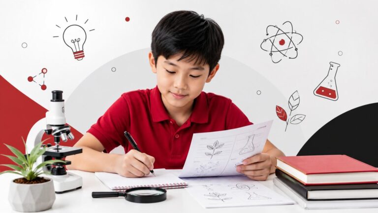 Primary school student writing notes while holding a worksheet with diagrams, next to a microscope and science-themed icons