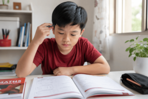 Boy concentrating on maths exercise book questions