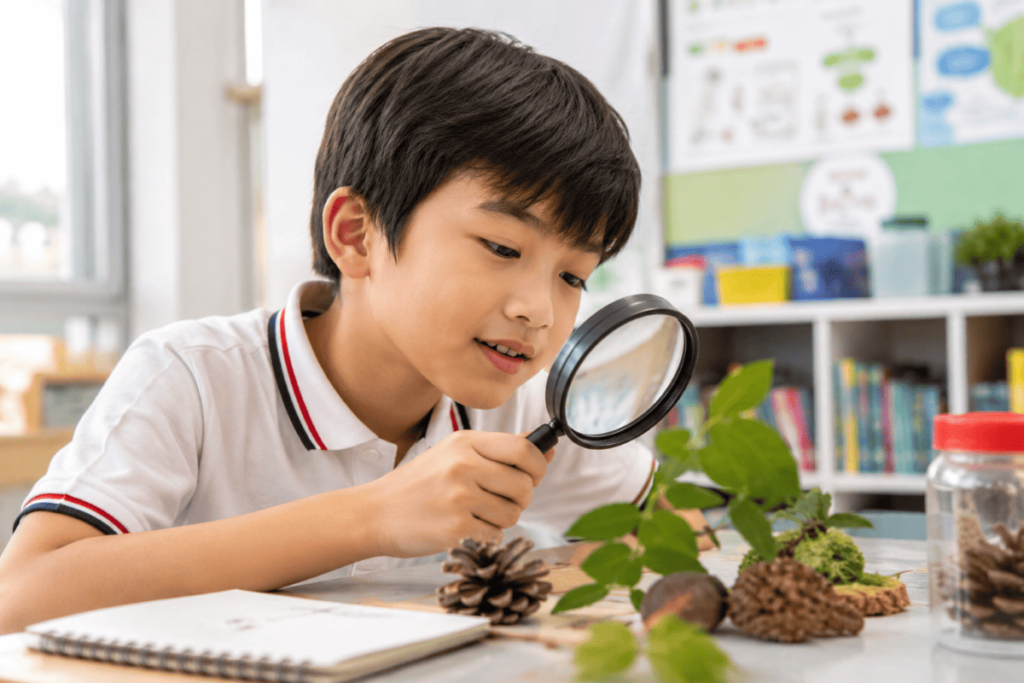 Boy examining plant specimens with magnifying glass in science lesson