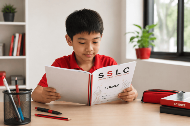 Student reading Stepping Stones Learning Centre science workbook