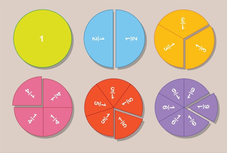 Fraction circles chart showing whole, halves, thirds, quarters, fifths, and sixths