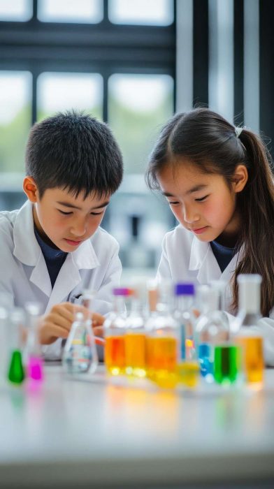 Two students performing a Science experiment in a laboratory
